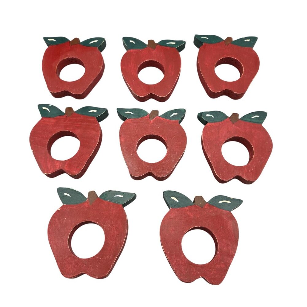 Wooden Apple-Shaped Napkin Rings Hand-Painted Fruit Set of 8